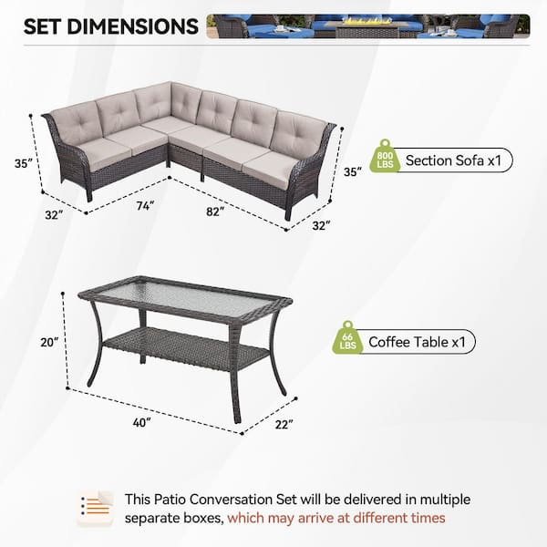 3-Piece Brown Wicker Patio Conversation Set with Olefin Beige Cushions/L-Shaped Sofa with Tempered Glass Coffee Table