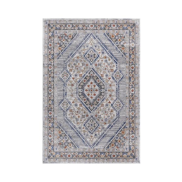 5 ft. x 7 ft. Blue plus Cream Loom and Luxe Collection Bordered Non-Shedding Stylish and Stain Resistant Area Rug