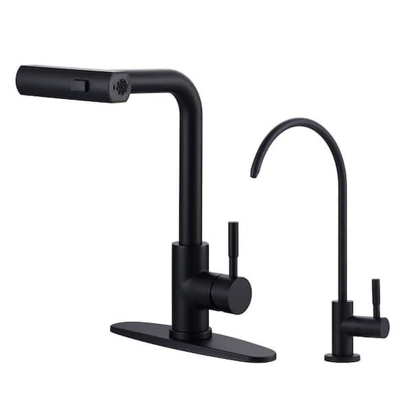 Matte Black 15.7 in. Single Handle Pull Down Sprayer Kitchen Faucet with 360° Swivel Spout and Drinking Water Faucet