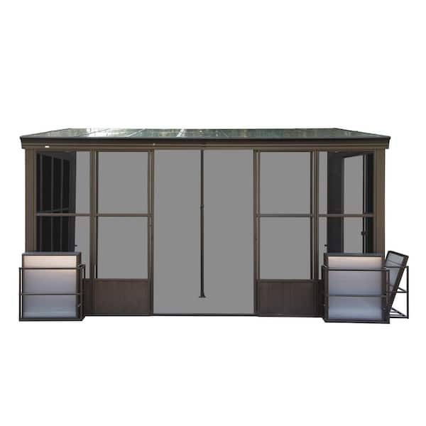 12 ft. x 14 ft. Outdoor Fixed Aluminum Lean to Gazebo Gazebos, Garden Patio Deck with Windows, 2 Lockable Sliding Doors