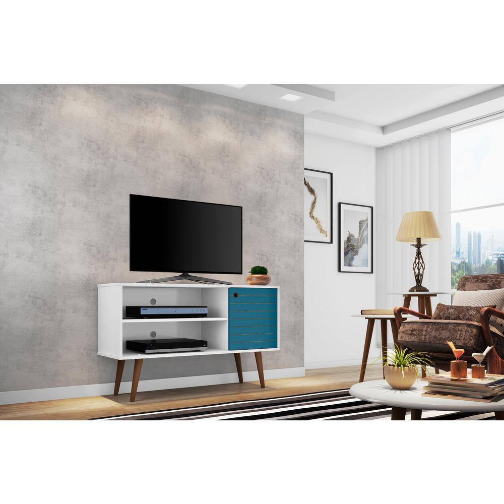 White and Aqua Blue Mid-Century Modern TV Stand with Cabinet