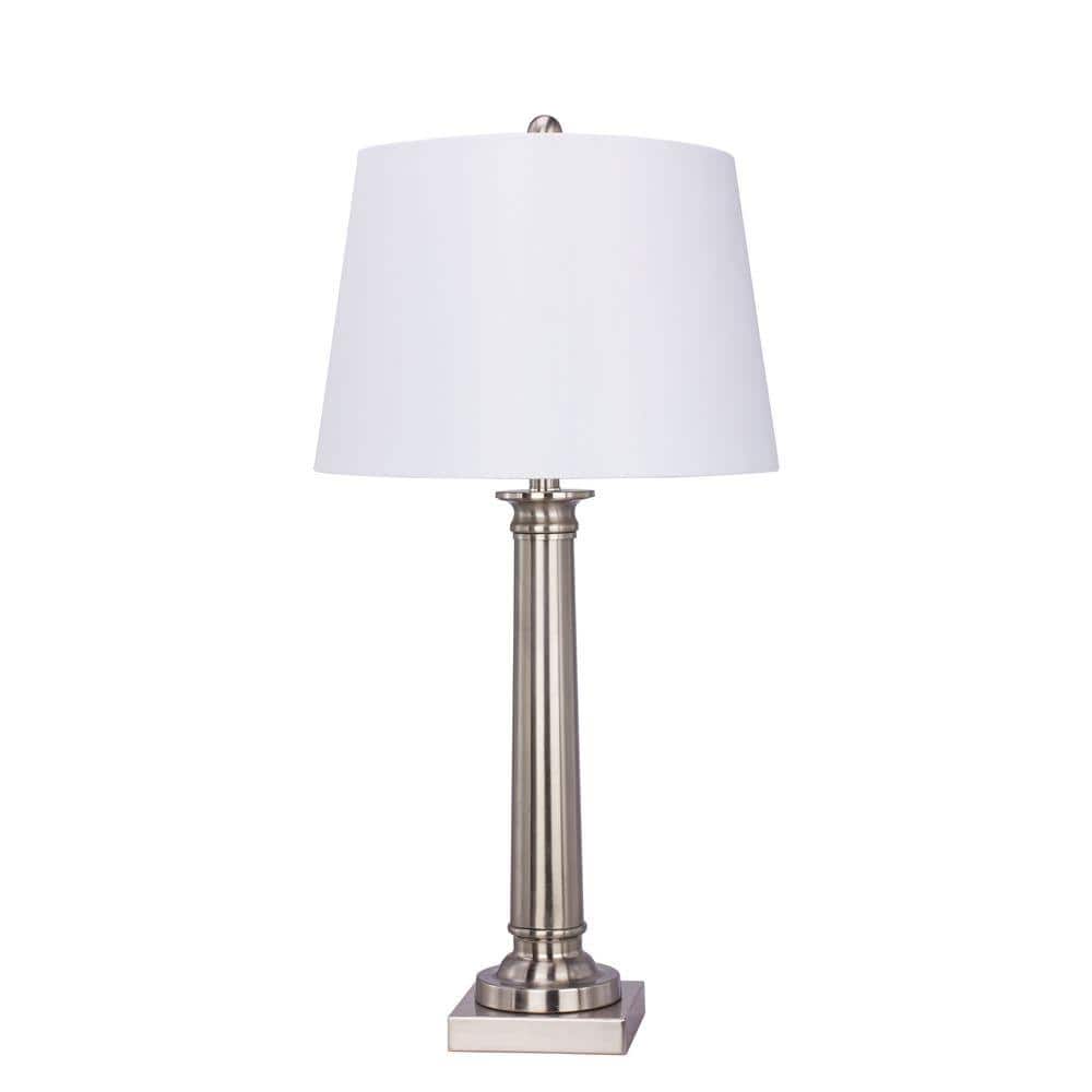 30.5" Brushed Steel Table Lamp with White Linen Shade