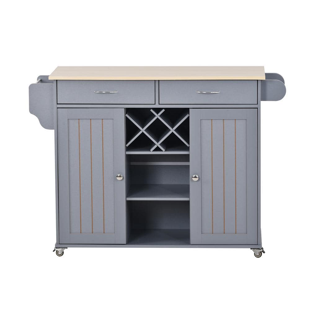  Gray Blue Solid wood Drop Leaf 54 in. Kitchen Island with 3-Tier Pull Out Cabinet Organizer and Internal Storage Rack