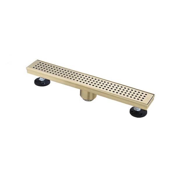 Tahanbath 12 in. Linear Shower Drain with Removable Quadrato Pattern Grate Hair Strainer and Leveling ft. in Brushed Gold