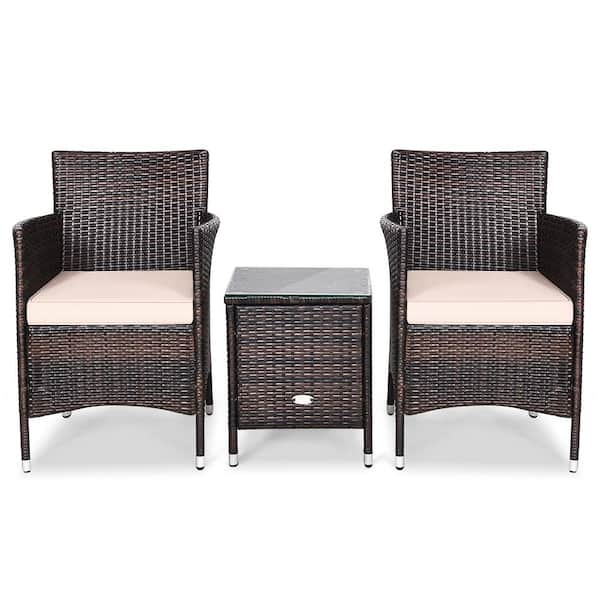 Gymax 3-Pieces Outdoor Patio Rattan Wicker Furniture Set Yellowish Cushioned Chairs Coffee Table