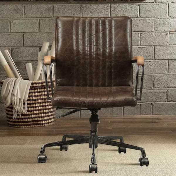 Benjara 35.39 in. H Brown and Black Leatherette Upholstered Metal Swivel Executive Chair with Curved Wooden Armrest