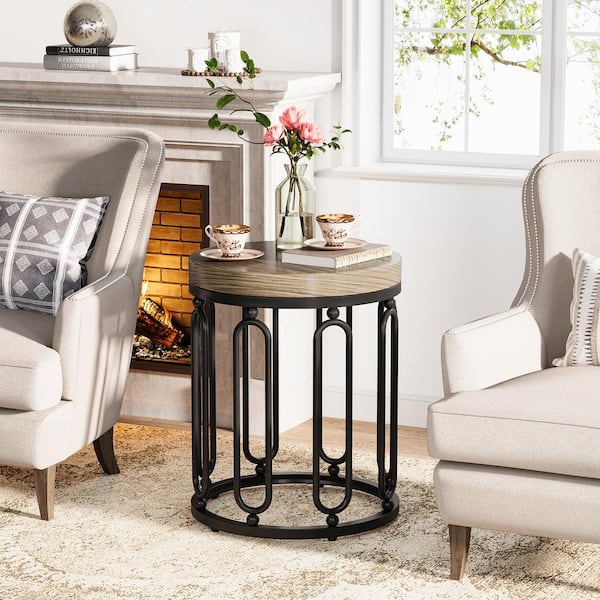 BYBLIGHT Kerlin 19.68 in. Walnut and Black Round MDF End Table with Storage Shelf, Industrial Accent Side Table Nightstand