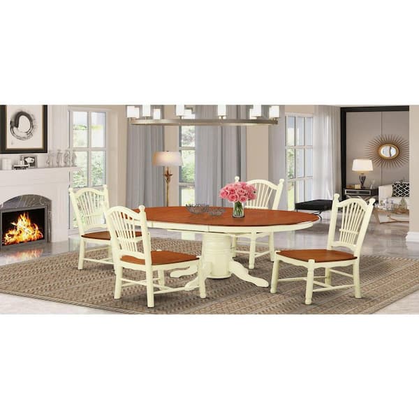 East West Furniture 5-Piece Oval Buttermilk and Cherry Finish Solid Wood Top Dining table with 4 Chairs with Lattice Back