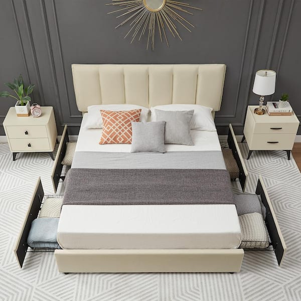 URTR Beige Wood Frame Upholstered Queen Size Platform Bed Frame with  Wingback Headboard and 4 Drawers,Linen Queen Storage Bed T-02108-A - The  Home Depot