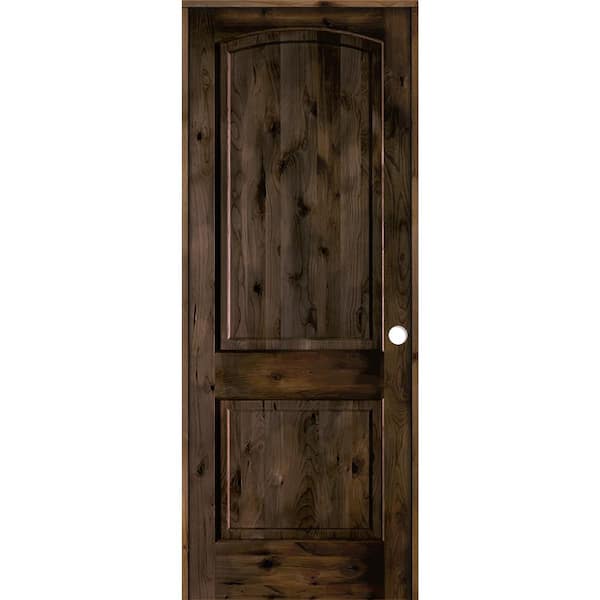 Krosswood Doors 28 in. x 96 in. Knotty Alder 2-Panel Left-Handed Black Stain Wood Single Prehung Interior Door with Arch Top