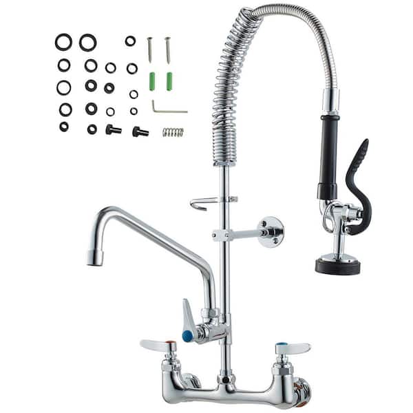 Wall-Mounted Kitchen Faucet, 25 in. Tall, 8 in. Center Distance, 12 in. Rotatable Spout, Includes Pre-Rinse Spray