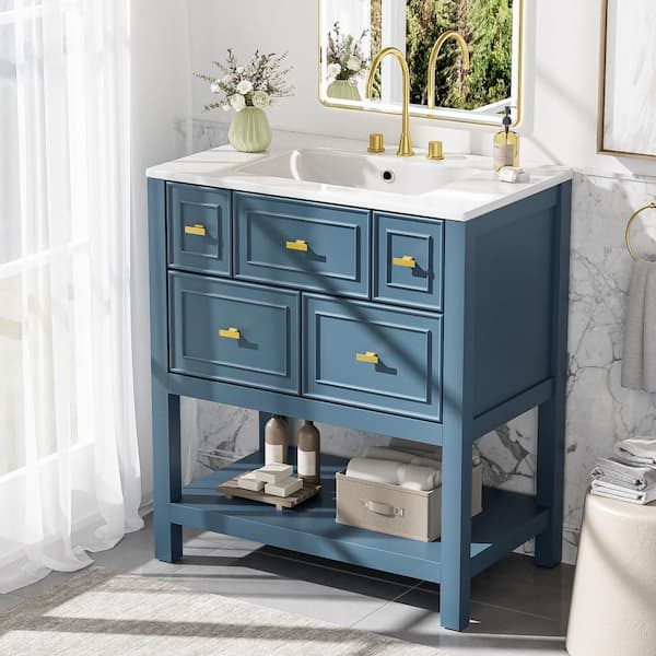 JimsMaison 30 in. W x 18 in. D x 34 in. H Freestanding Bath Vanity in Blue with White Ceramic Top