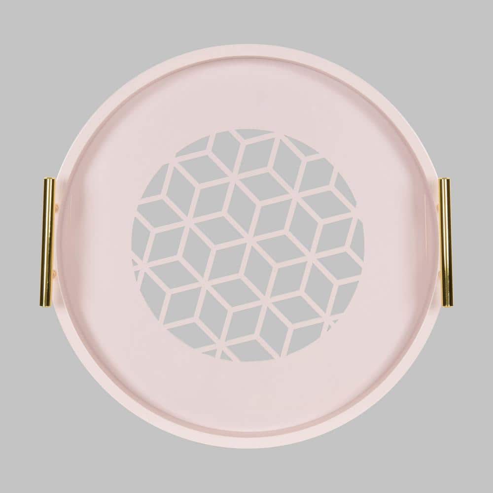 Round Pink Glass Serving Tray with Gold Handles