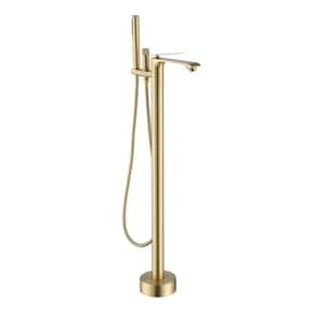 Single-Handle Freestanding Tub Faucet with Oval Hand Shower in in Brushed Gold