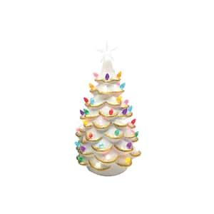 14 in. Lighted White Ceramic Tree With Gold Tips