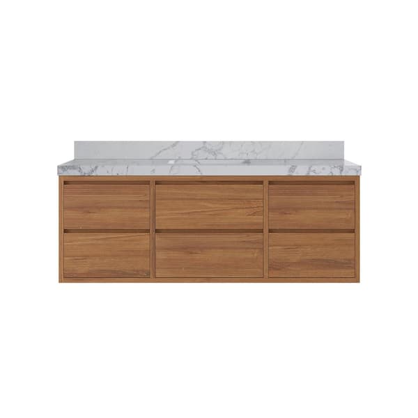 Willow Collections Madison Float 60 in. W x 22 in. D x 36 in. H Single Sink Bath Vanity in Dark Natural with 2 in. Venatino Qt. Top