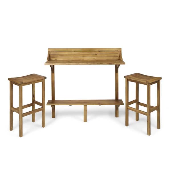 Adelaide Natural Stained 3-Piece Wood Rectangular Outdoor Patio Serving Bar Set