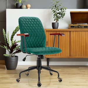 Velvet Swivel Adjustable Ergonomic Home Office Chair in Green Task Chair with Wooden Armrest