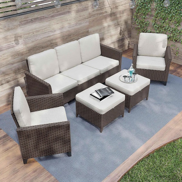 INMITOM 5-Piece Wicker Patio Conversation Set with Beige Cushions, 3 ...