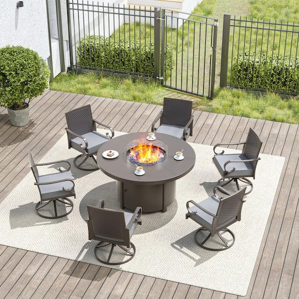 7-Piece Metal Patio Conversation Set with 48 in. Round Fire Pit Table, Wind Guard, 6 Back-Weaving Chairs, Cushion Grey