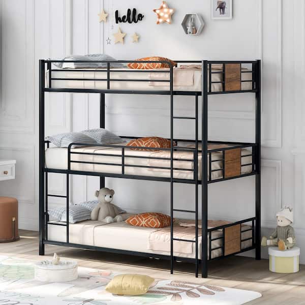 JASMODER Convertible Twin Size Triple Bunk Bed, with Wood Decoration, Brown