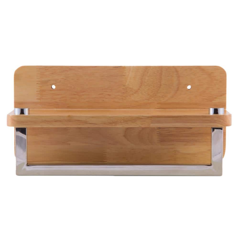 Natural Wood Wall Shelf with Chrome Towel Bar