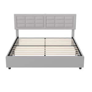 Upholstered Bed, Gray Metal Frame Queen Platform Bed with Wood Slats Support, Headboard, Built-in USB and Type C Ports