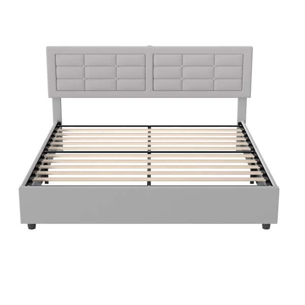 Upholstered Bed, Gray Metal Frame Queen Platform Bed with Wood Slats Support, Headboard, Built-in USB and Type C Ports