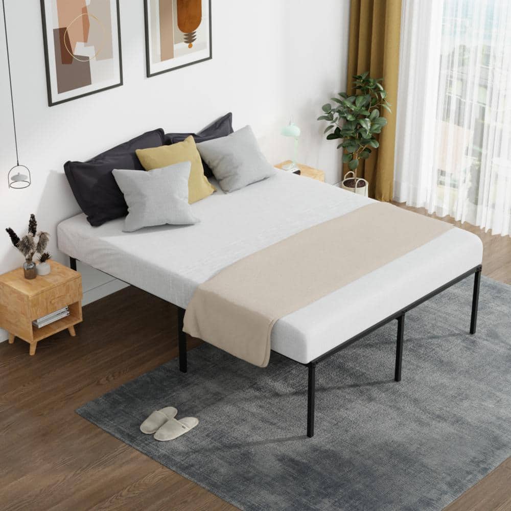 King Black Metal Frame Platform Bed with Steel Slats
