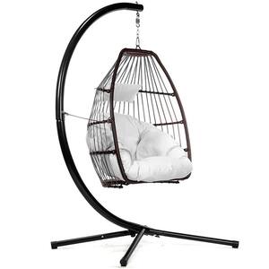 Wicker Egg-Shaped Patio Swing Chair with White/Cream Cushion and Heavy-Duty Frame