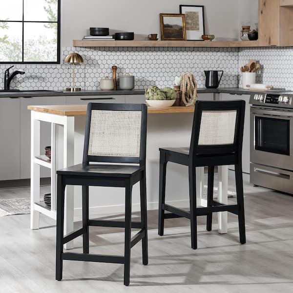 Walker Edison Furniture Company Boho 24 in. Black High Back Solid Wood Counter Stool with Wood Seat, Set of 2