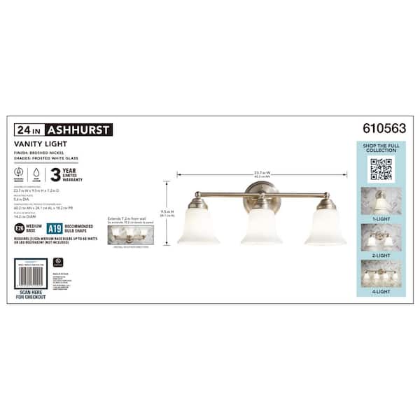 Ashhurst 3-Light Brushed Nickel Classic Traditional Bathroom Vanity Light with Frosted Glass Shades