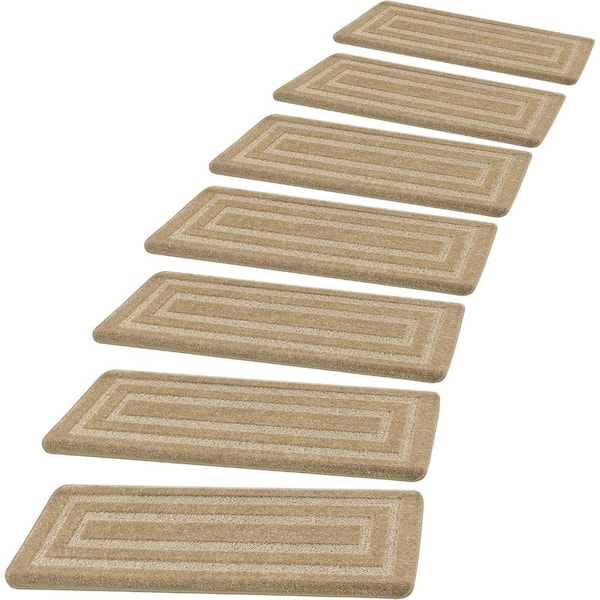 Khaki Flat Woven 9.5 in. x 30 in. Bullnose Carpet Polypropylene Stair Tread Cover Set of 14