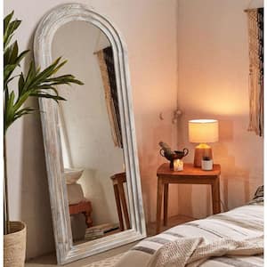 31 in. W x 71 in. H Oversized Arched Wooden Weathered White Framed Floor Mirror Standing Wall Mirror