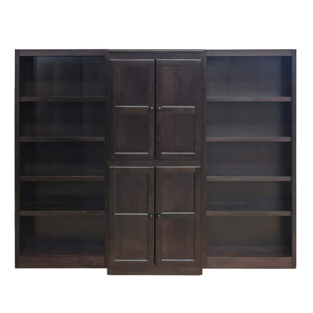 Espresso Finish Adjustable Wood Bookcase Wall with Doors, 72" Tall