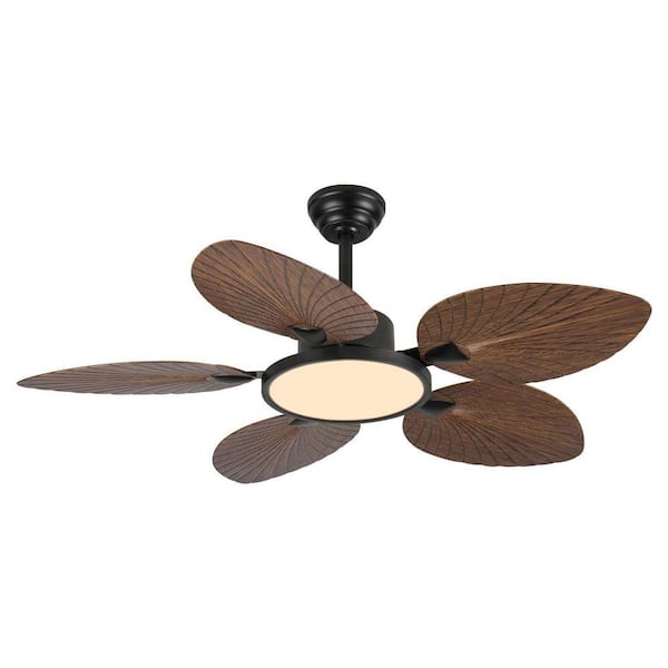 A 52 in. Indoor/Outdoor Black Retro 5 Palm Leaf Shaped Blades Ceiling Fan with Dimmable LED Light and Remote