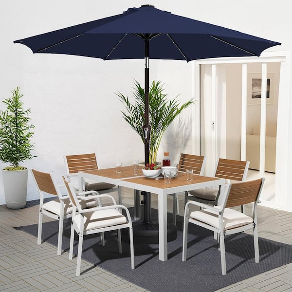 9 ft. Market Solar LED Lighted Tilt Patio Umbrella Outdoor Steel Umbrella in Navy