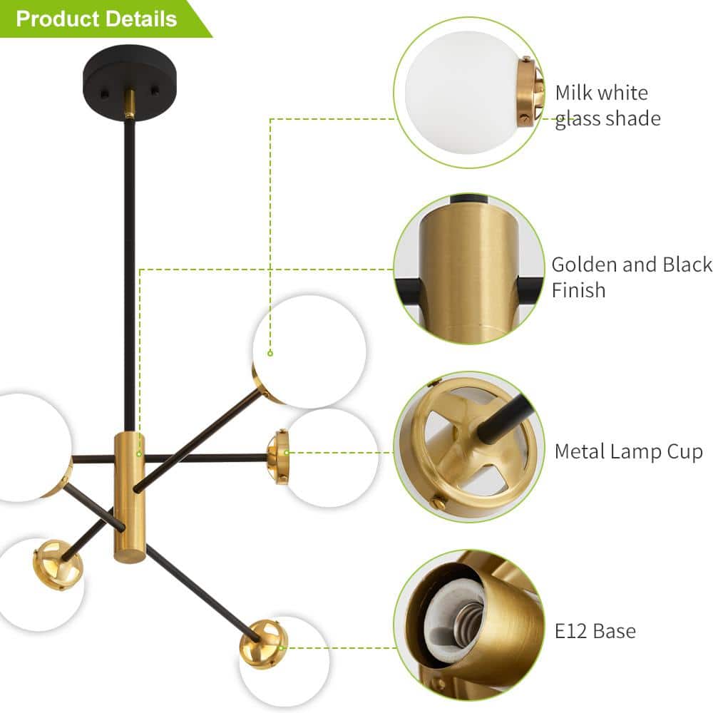 Black and Gold 6-Light Sputnik Chandelier with Glass Shades