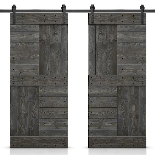 76 in. x 84 in. Carbon Gray Stained DIY Knotty Pine Wood Interior Double Sliding Barn Door with Hardware Kit