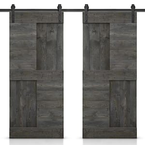 84 in. x 84 in. Carbon Gray Stained DIY Knotty Pine Wood Interior Double Sliding Barn Door with Hardware Kit