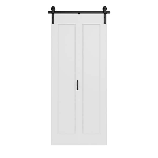 36 in. x 84 in. Paneled 1-Lite White Primed Hollow Core MDF Composite Bi-fold Door with Bifold Barn Door Hardware