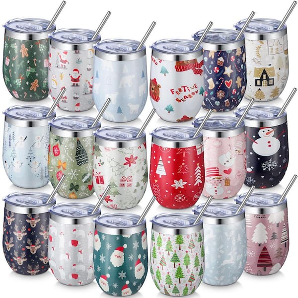 18-Pack 12 oz. Christmas Insulated Stainless Steel Tumbler Set with Straws and Cleaning Brushes Holiday