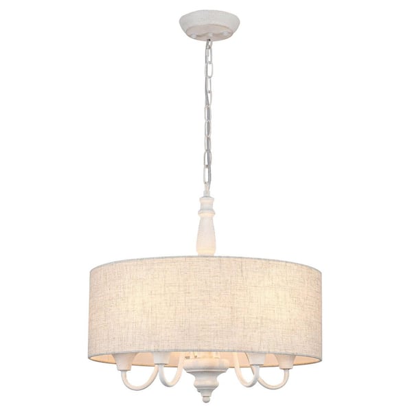 5 light 18.11" Distressed White Farmhouse Drum Chandelier with Linen Shade for Kitchen Island with no bulbs included