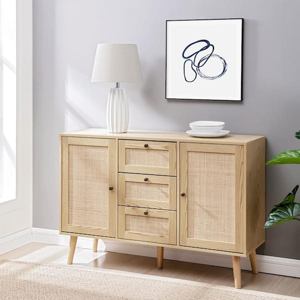 Welwick Designs Natural Wood and Rattan Boho Sideboard with 2-Doors and 3-Drawers