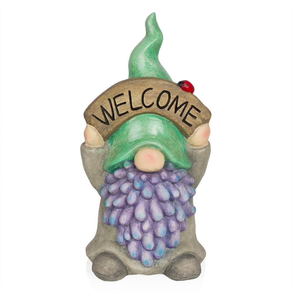 Gnome with Green Hat Holding Up Welcome Sign