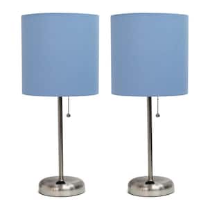 19.5 in. Brushed Steel and Blue Stick Lamp with Charging Outlet and Fabric Shade (2-Pack)