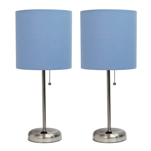 Simple Designs 19.5 in. Brushed Steel and Blue Stick Lamp with Charging Outlet and Fabric Shade (2-Pack)