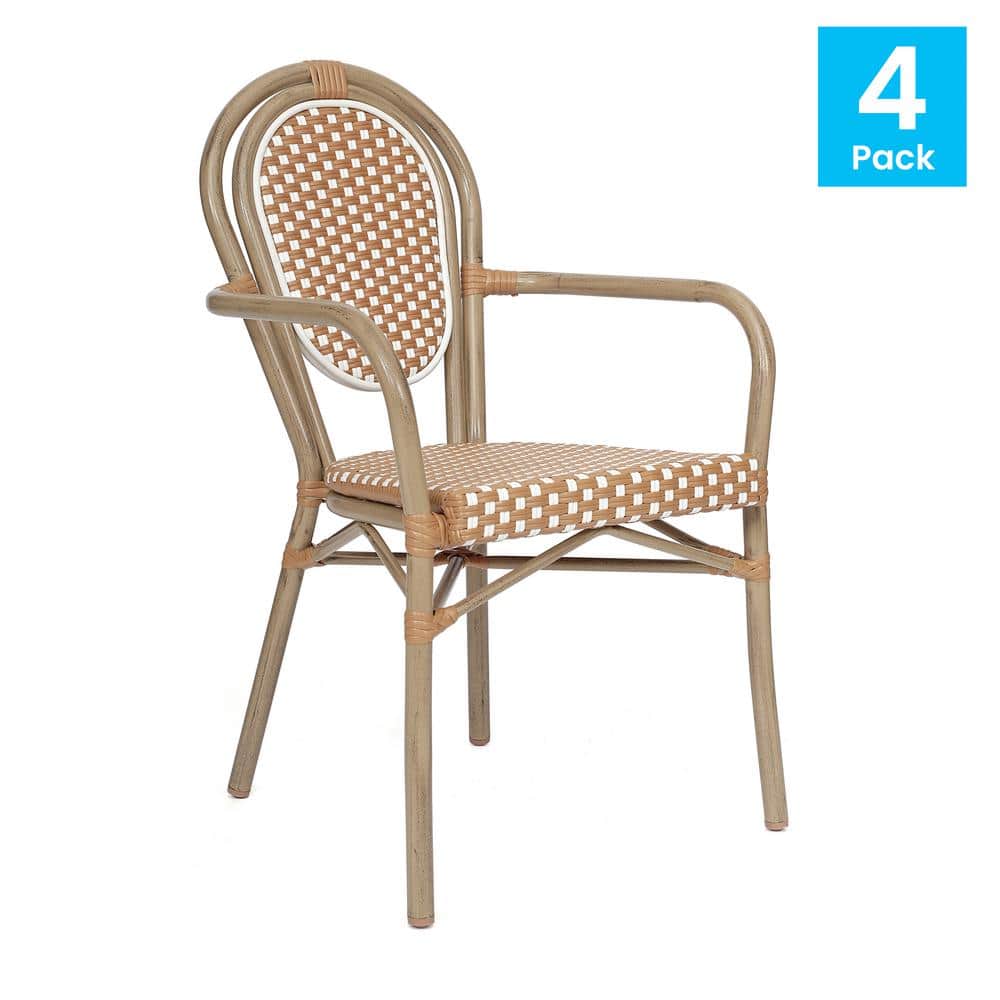 Front view of a brown wicker-style outdoor dining chair.