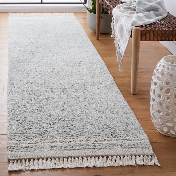 Easy Care Light Blue/Ivory 2 ft. x 9 ft. Machine Washable Border Solid Color Runner Rug