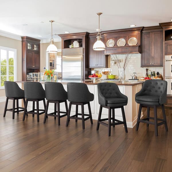 26 in. Black Faux Leather Swivel Barstool Solid Wood Frame Double Cushion Counter Height Bar Stool (Set of 6)